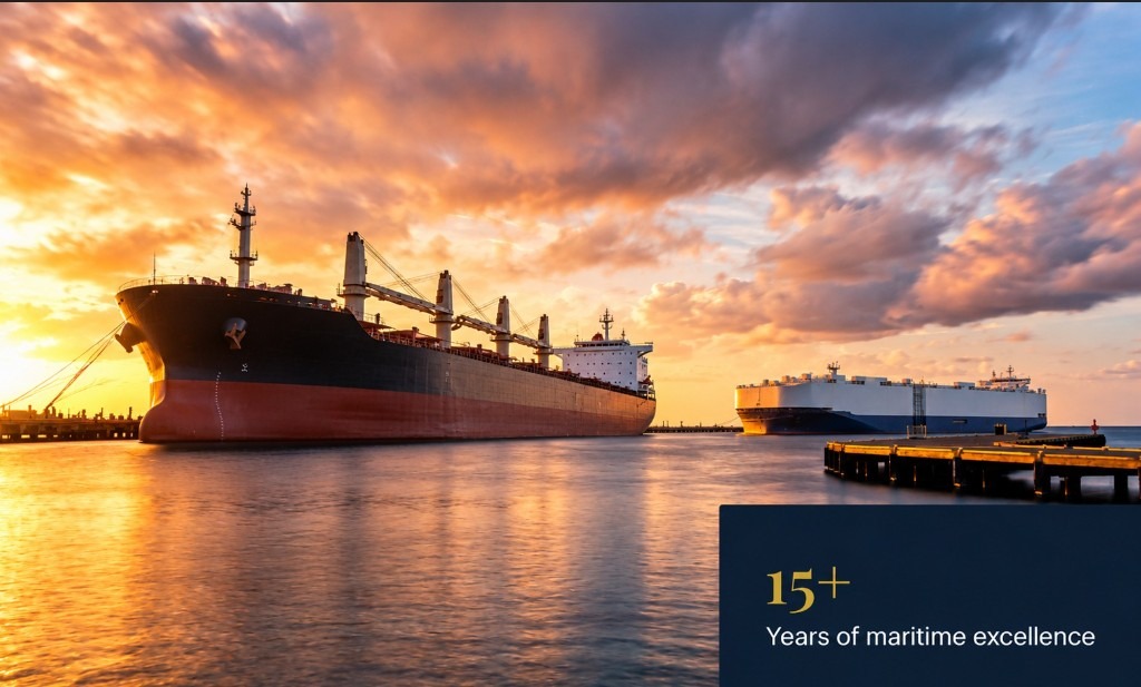 Bulk carrier and gas carrier at harbour at sunset, with 15+ years of maritime excellence